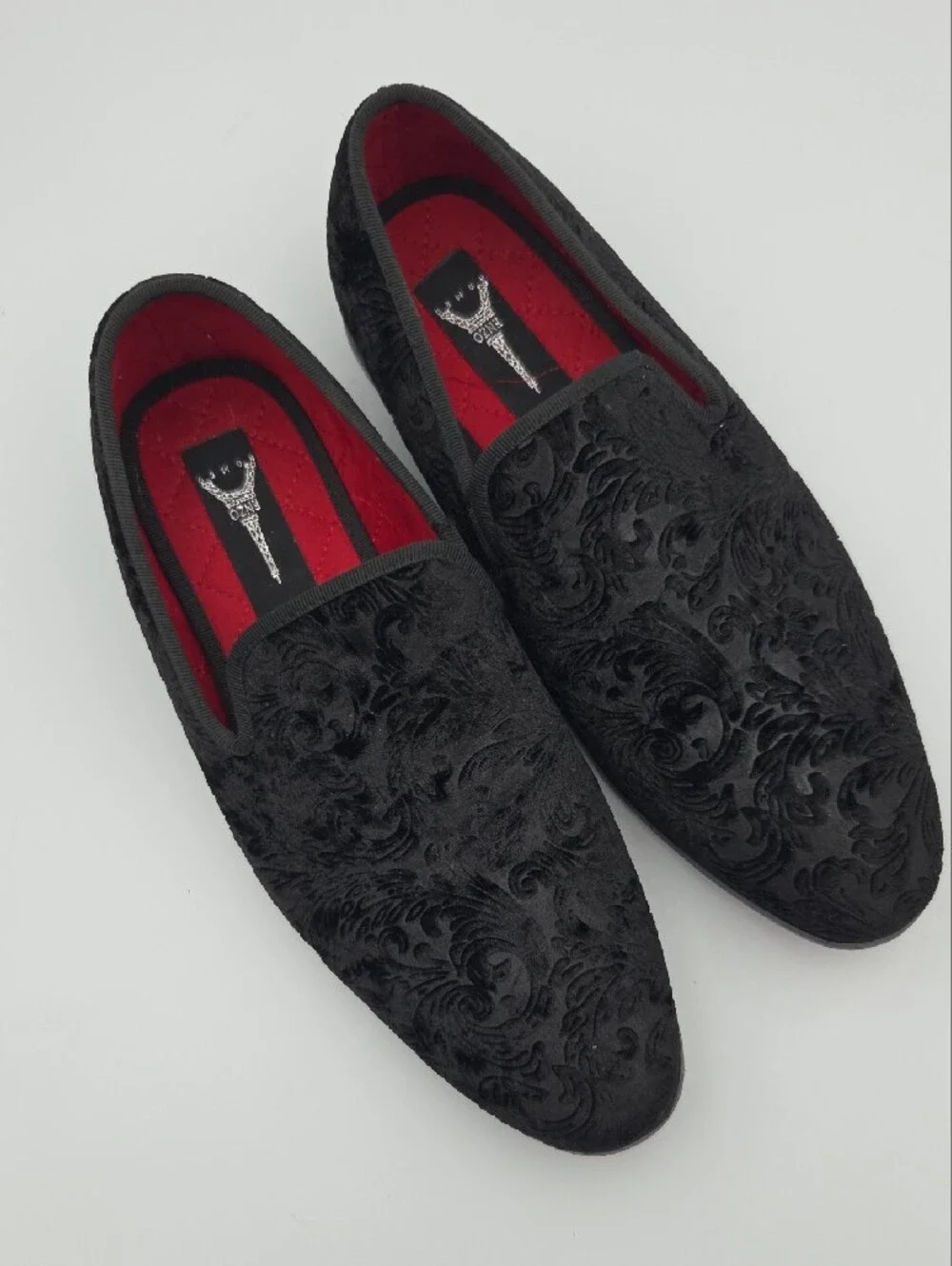 Men's Black Velvet Embossed Slip-On Loafers Size 9